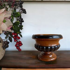 Vintage Turned Wood Black Bubble Ribbed Base Rim Compote Pedestal Urn